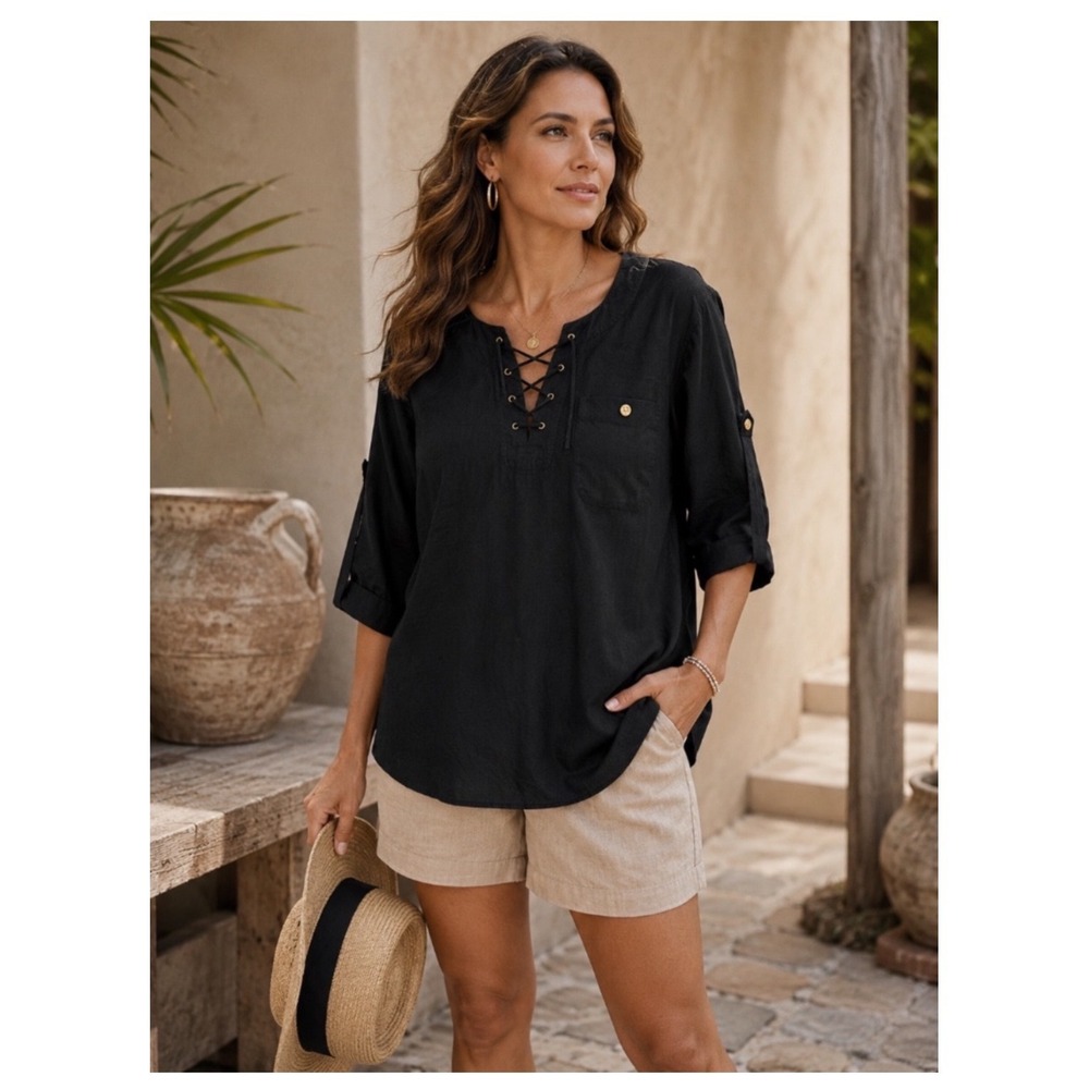 Lauren Ralph Lauren Black Linen Lace Up Neck Top M Coastal Chic Quiet Luxury